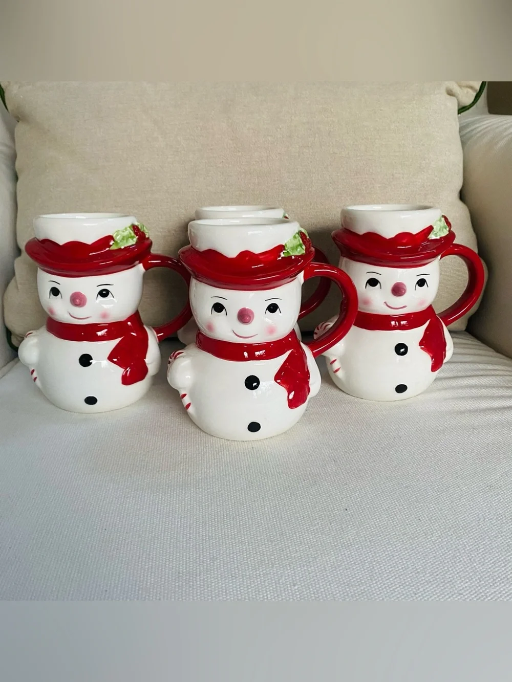 VTG Pottery Barn Snowman Figural Mugs Set of 4 Holiday Christmas Cups